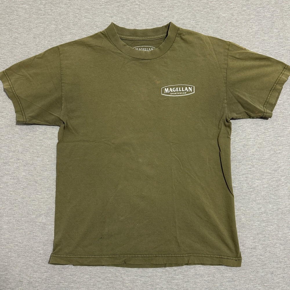 Magellan Sportswear Dove Hunting Graphic Tee Olive Green Mens Medium Distressed
